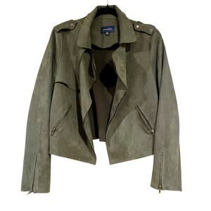 Womens Sz M Skies Are Blue Olive Suede‑Like Open Front Jacket Zippered Cuffs EUC